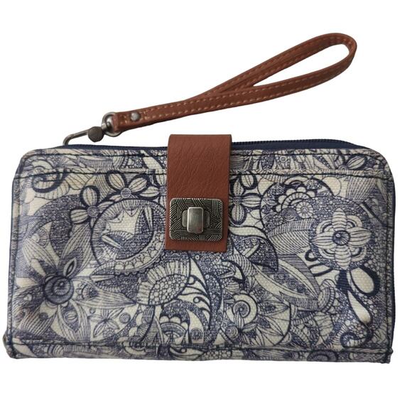 Sakroots Circle Spirit Desert Navy Blue Cream Floral wristlet Wallet 8 x 4 x 1.5 - Picture 1 of 7